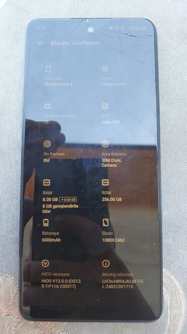 iphone 5s qiyməti: Tecno Pova 5, 256 GB, rəng - Göy, Qırıq, Barmaq izi, Simsiz şarj