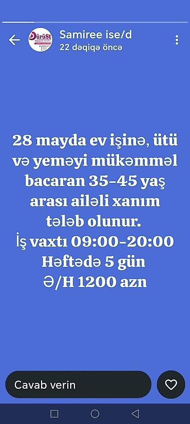 oline is: Ev köməkçisi tələb olunur, 5/2, Aylıq ödəniş — 1