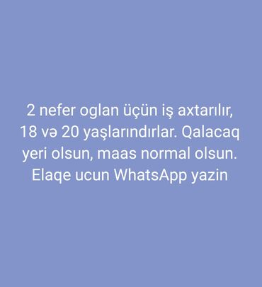 работа найти работу: İş axtarışı – 2 nəfər oğlan - Yaş: 18 və 20 - Tələblər: qalacaq yerin lalafo.az -da работа найти работу: İş axtarışı – 2 nəfər oğlan - Yaş: 18 və 20 - Tələblər: qalacaq yerin