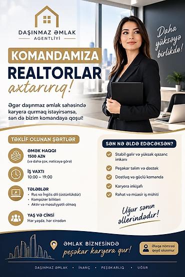 Продажи, работа с клиентами: Daşınmaz Əmlak Agentliyi – Realtor vakansiyası Komandamıza realtorlar — 1