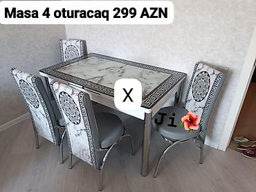 Mətbəx/dining dəsti – masa + 4 oturacaq - Üslub: ağ mərmər naxışlı