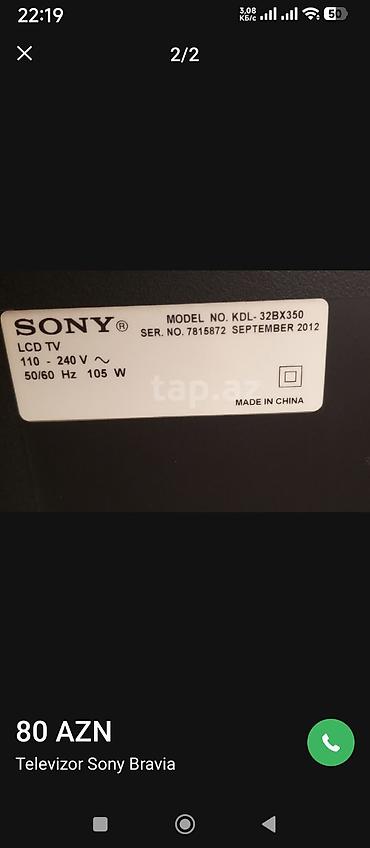 Televizorlar: Sony Bravia LCD TV – Model KDL-32BX350 - Ekran: 32 düym - Tip: LCD TV — 2