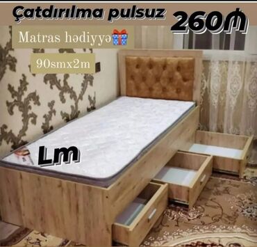 Кровати: Новый, Односпальная кровать, Без подьемного механизма, С матрасом, С выдвижными ящиками, Азербайджан