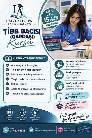 kurs müəllim vakansiya: Tibb bacısı tələb olunur, İstənilən yaş, 3-5 illik təcrübə, Dəyişən qrafik — 1