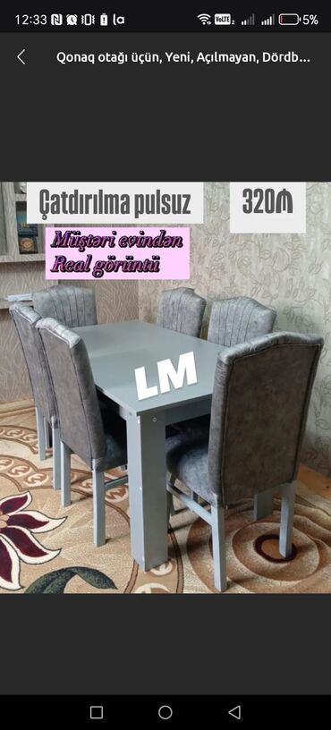 Masa və oturacaq dəstləri: Qonaq otağı üçün, Açılmayan, Dördbucaq masa, 6 stul
