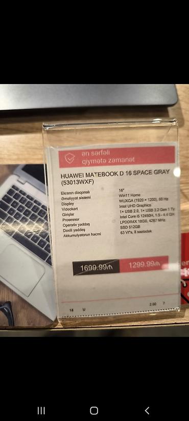huawei matebook d15: Kompyuter ( notebook ) satilir. 1800 Azn qiymeti olub. Endirimle 1300 — 4