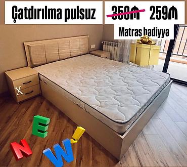 levent mebel: Yataq dəsti – ikinəfərlik çarpayı + 2 tumbə - Rəng: bej/şampan tonları — 1