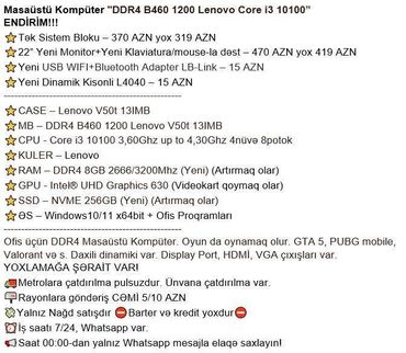 Masaüstü kompüterlər və iş stansiyaları: Masaüstü Kompüter "DDR4 B460 1200 Lenovo Core i3 10100” ENDİRİM!!! — 16
