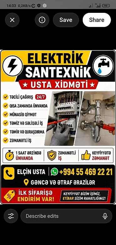 su filteri qurasdirilmasi: Elektrik və santexnik üzrə usta xidməti Xidmətlər: - Elektrik və — 1