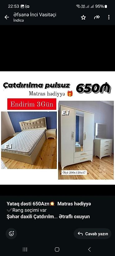 bagca mebel: *Yataq dəsti 650Azn💥 Matras hədiyyə* ✔️Rəng seçimi var *Şəhər daxili — 2