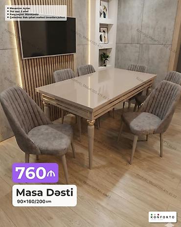 Masa Dəsti – 6 stullu - Ölçü: 90×160/200 sm (açılan mexanizmli masa) -