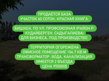 продаю дом садыгалиева: Продается база Участок 0,6 га, (60 соток.) Красная книга. Бишкек