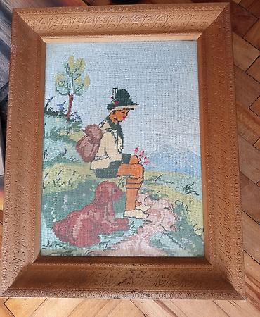 rustik lusteri: Ručni goblen u drvenom ramu 1960tih,starinski,etno nema — 1