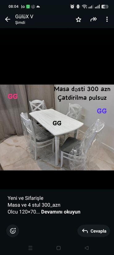 Çəngəllər: Yeni ve Sifarişle Masa ve 4 stul 300_azn Olcu 120×70 Rəng seçimi var