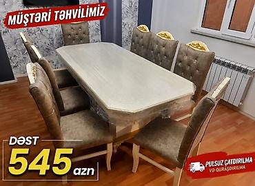 salon stollari: Yemək otağı dəsti – 1 masa + 6 stul - Klassik üslubda, dekorativ oyma — 1
