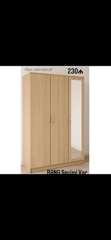 televizor alti divarda: 3 qapılı geyim dolabı, güzgülü model. - Ölçü: 200×120×47 sm (şəkildə — 1