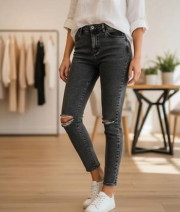 wild things: Ženske skinny farmerke, tamno sivi “washed” efekat sa poderotinama na — 1