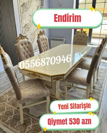 Masa və oturacaq dəstləri: Qonaq otağı üçün, Yeni, Açılmayan, Dördbucaq masa, 6 stul — 18