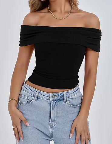 sport şalvar: Qadınlar üçün qara, “off-shoulder” (çiyin açıq) qısa top - Stil — 1