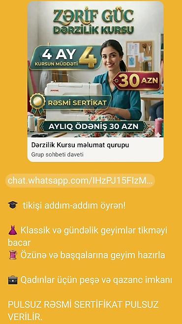 Zərif Güc Dərzilik Kursu - Kursun müddəti: 4 ay - Aylıq ödəniş: 30