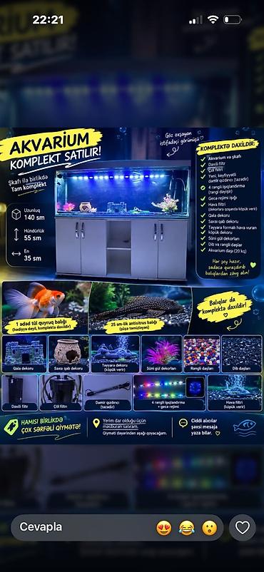 heyvanlar quslar: Akvaryum komplekt satılır – şkafı ilə birlikdə tam set Ölçülər: - — 1