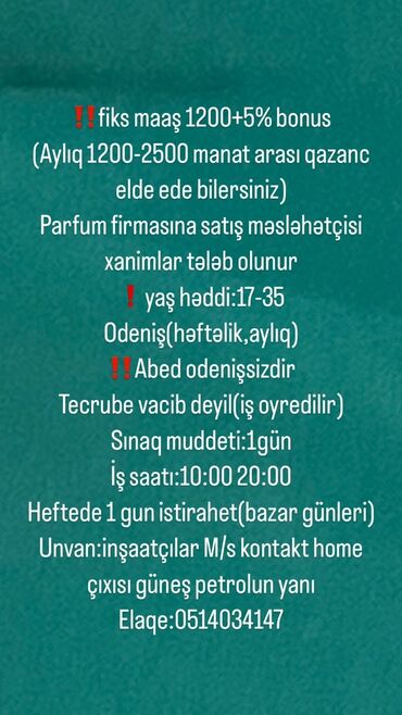 heyder eliyeve aid el isleri: Satış məsləhətçisi tələb olunur, Yalnız qadınlar üçün, İstənilən yaş, Təcrübəsiz, Ayda 2 dəfə ödəniş