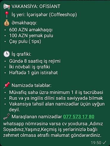 sumqayitda resdarana: Ofisiant tələb olunur, Qəhvəxana, Aylıq ödəniş, İstənilən yaş, 1-2 illik təcrübə — 1