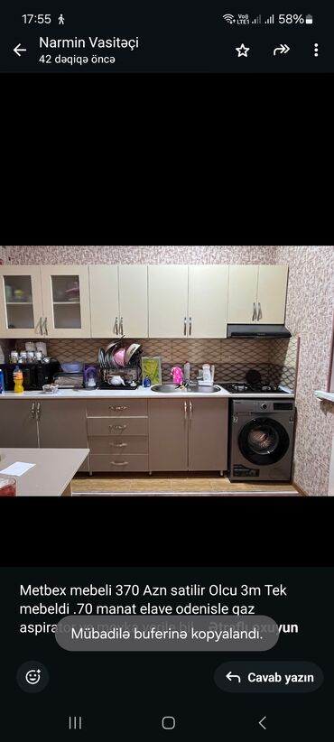 Sifarişlə masa və oturacaq dəstləri: Metbex mebeli 370 Azn satilir Olcu 3m Tek mebeldi .70 manat elave
