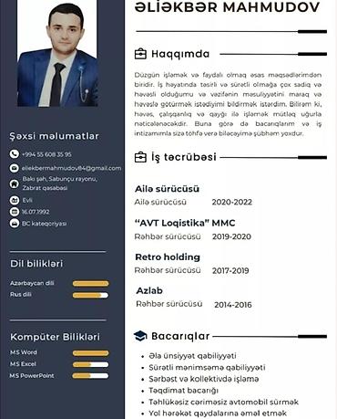 moykada is axtariram: Şəxsi sürücü, 34 yaş, stajı 7 il, Nəqliyyat təmin edilir — 1