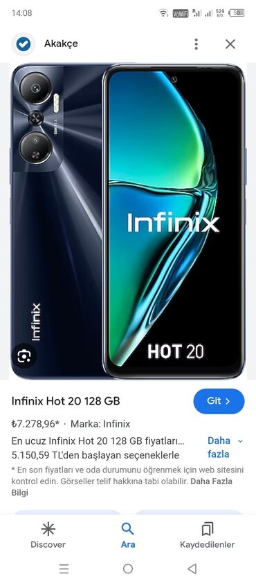 sade telefonlarin satisi: Infinix Hot 20, 128 GB