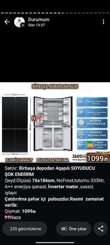 kamera 1500: 4 qapılı soyuducu - Ölçü: 76 x 186 sm (eni 75,25 sm, hündürlük 185,5 — 1