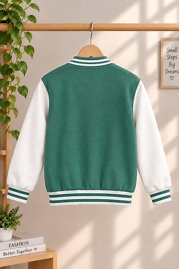 Üst geyimləri: Uşaq bomber/varsity stili jaket - Rəng: yaşıl gövdə, ağ qol; yaxa — 4