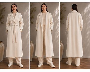 Молочное шерстяное пальто oversize, 70% шерсть, с поясом Молочное