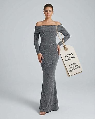 parca ayaqqabi: Gümüşü rəngdə, parıltılı uzun axşam geyimi. - Model: çiyinlər açıq — 1