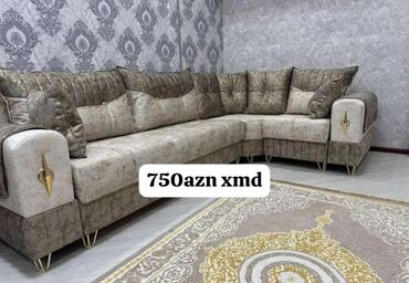 Divan və kreslo dəstləri: Künc divan dəsti - Şıq klassik dizayn: krem-boz tonlarda, qızılı