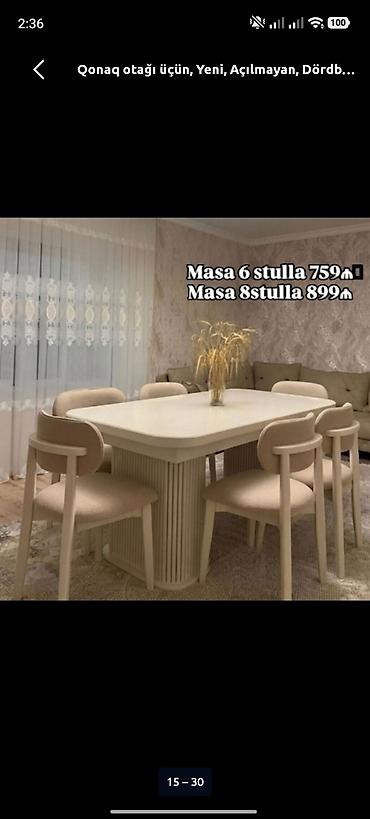 2 reqem tortu: Qonaq otağı üçün, Yeni, Açılmayan, Dördbucaq masa, 6 stul — 1