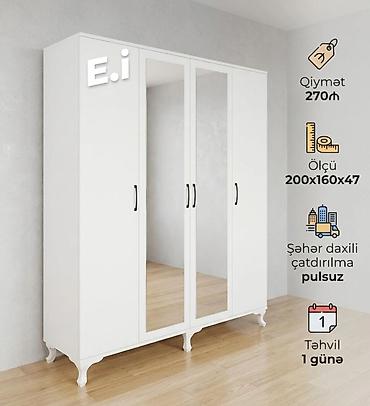 Ağ rəngdə 4 qapılı paltar şkafı - Ölçü: 200 x 160 x 47 sm - İki ədəd