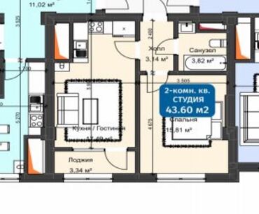 возле: 2 комнаты, 43 м², Элитка, 13 этаж, ПСО (под самоотделку)