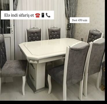 Masa və oturacaq dəstləri: Qonaq otağı üçün, Yeni, Açılmayan, Dördbucaq masa, 6 stul — 5