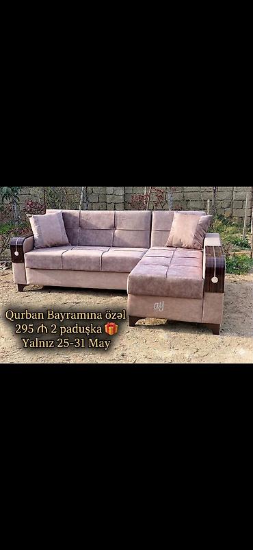 armada mebel: L‑şəkilli künc divan - Yumşaq parça üzlük, pastel çəhrayı‑bej — 1
