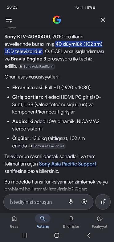 televizor sony: Sony KLV-40BX400 – 40 düymlük (102 sm) LCD televizor - Ekran icazəsi — 1