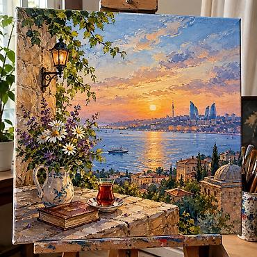 ev saat: Əl işi yağlı boya tablo – “Bakıda Günbatımı və Çay Süfrəsi” - — 1