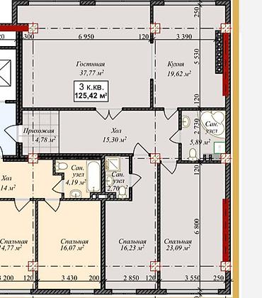 125: 3 комнаты, 125 м², АУЦА Элитка, 2 этаж, ПСО (под самоотделку) — 3
