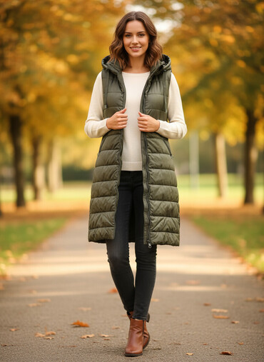 Prsluci: Zenski prsluk tamno zeleni, sa kapuljacom postavljen, duzi sa — 1