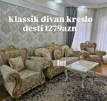 kafe ucun divan: Klassik üslubda divan-kreslo dəsti - Tərkibi: 1 divan + 2 kreslo + — 1