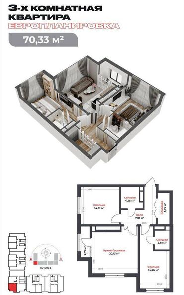 продаю участок ала тоо3: 3 комнаты, 70 м², Элитка, 3 этаж, ПСО (под самоотделку)