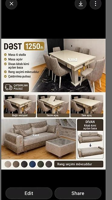 metbex stol stul: Dəst – 1250₼ Tərkibi: - Açıla bilən masa + 6 ədəd stul - Divan — 1