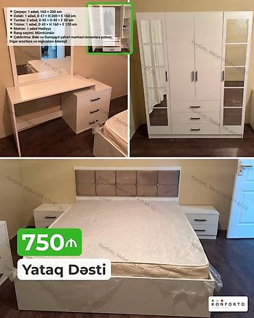 set mebel: Yataq dəsti – 750₼ Komplekt: - Çarpayı: 1 ədəd, 160 × 200 sm - Dolab — 1