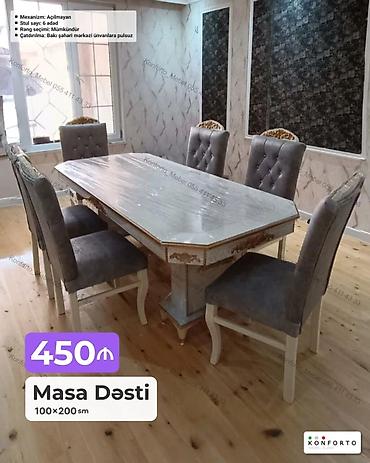 Məhsul: Masa Dəsti Ölçü: 100×200 sm Komplekt: 6 ədəd stul + masa