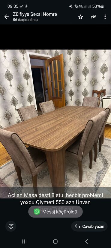 nod 8: Qonaq otağı üçün, İşlənmiş, Dördbucaq masa, 6 stul